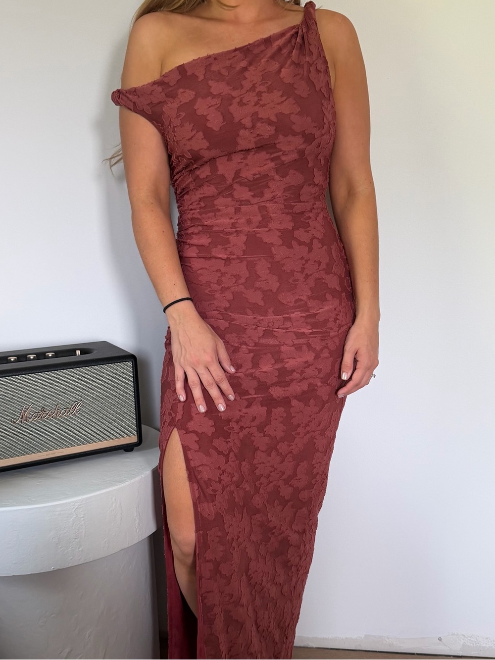 One-Shoulder Rust Maxi Dress with Side Slit and Textured Lace
